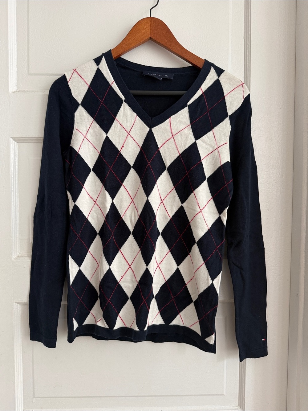Tommy Hilfiger Navy and White Argyle V-Neck Sweater with Red Accent